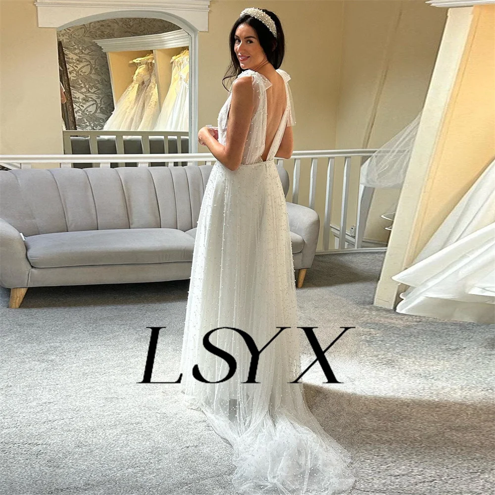 LSYX Illusion Deep V-Neck Sleeveless Tulle Beaded Mermaid Wedding Dress For Women Open Back Court Train Bridal Gown Custom Made