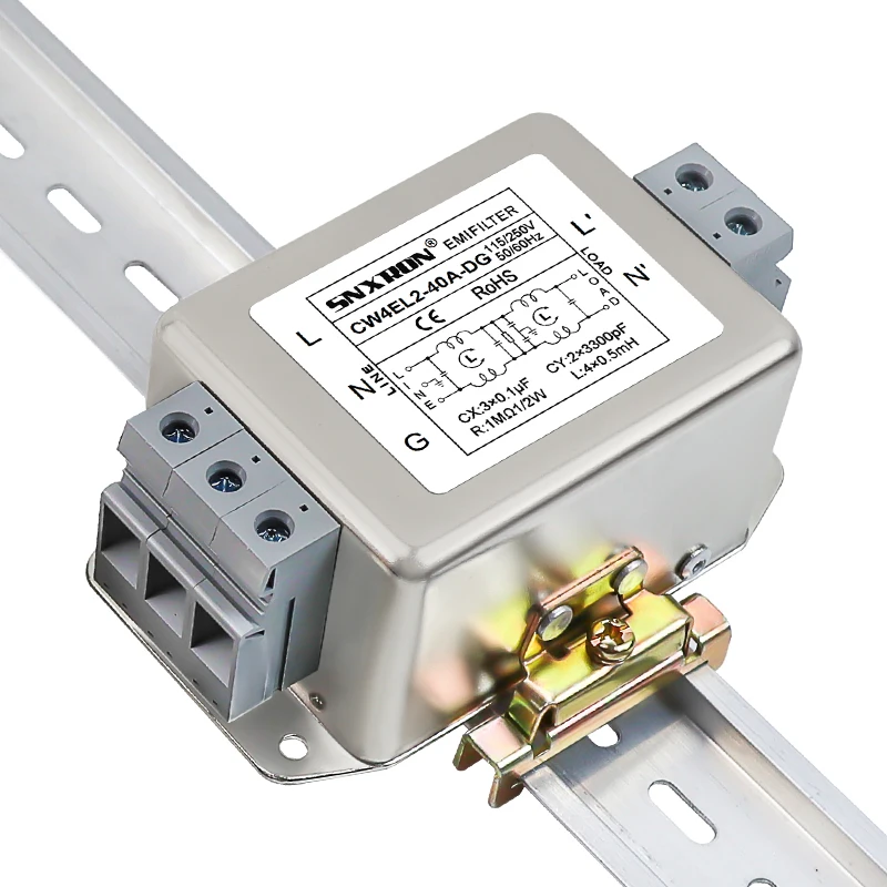 cw4el2-50a-dg-単相-ac-emi-フィルター-40a-50a-250vac-ヨーロッパ端子-レールマウント型アモルファス磁気リング