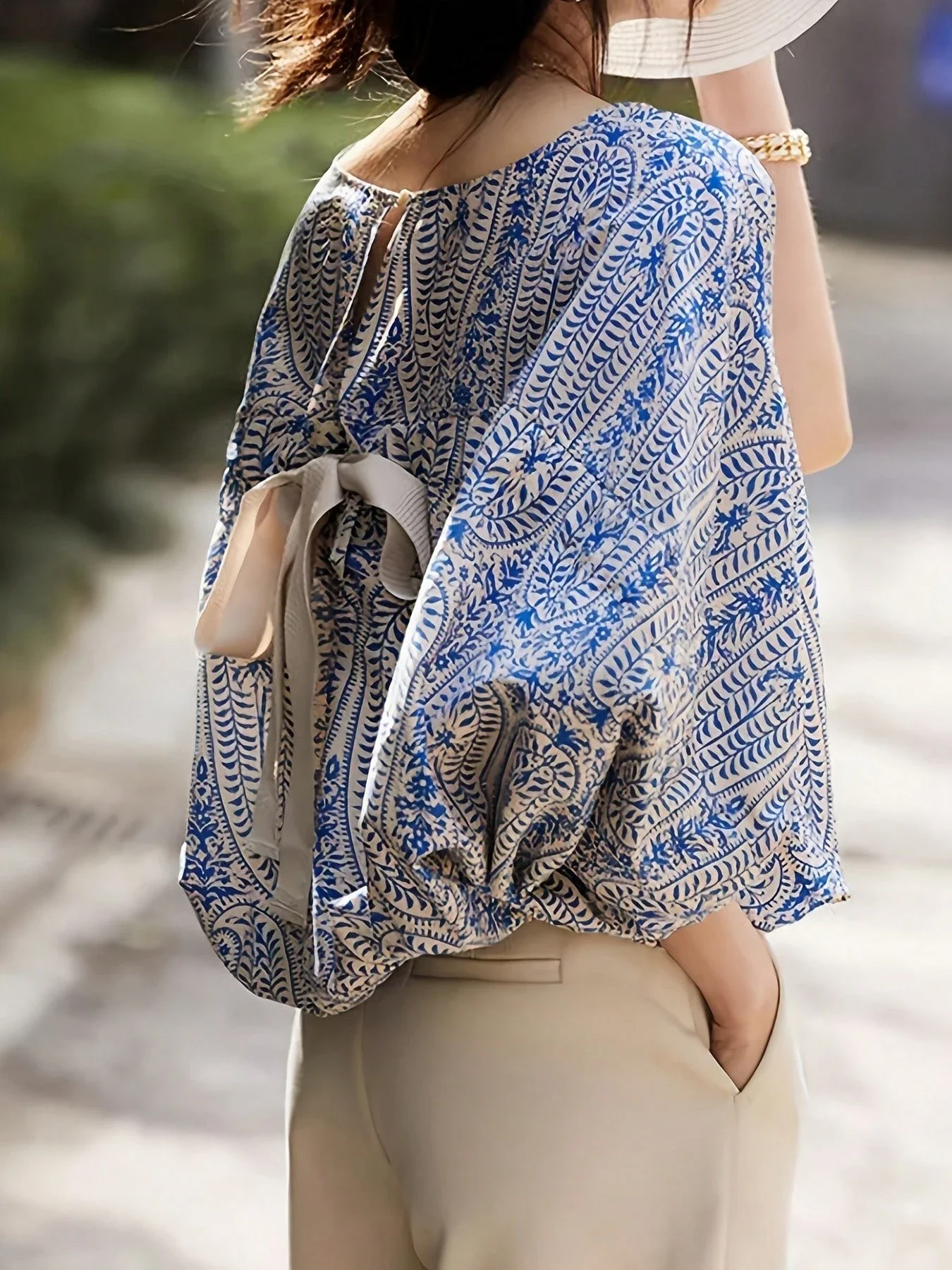 

Elegant Paisley Print Lantern Sleeve Blouse Round Neck Loose Fit Women Summer Shirt