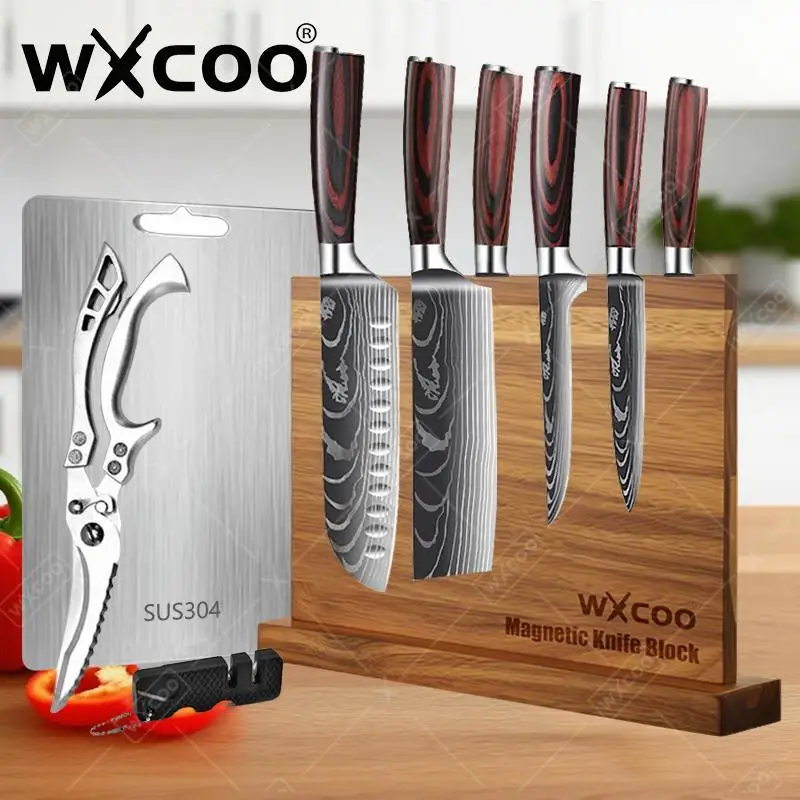 WXCOO Magnetischer Messerblock für die Küche, Kochmesser, Edelstahl, Schneidebrett, Anspitzer, Werkzeug, Fleischbeil, Ausbeinmesser, Schere