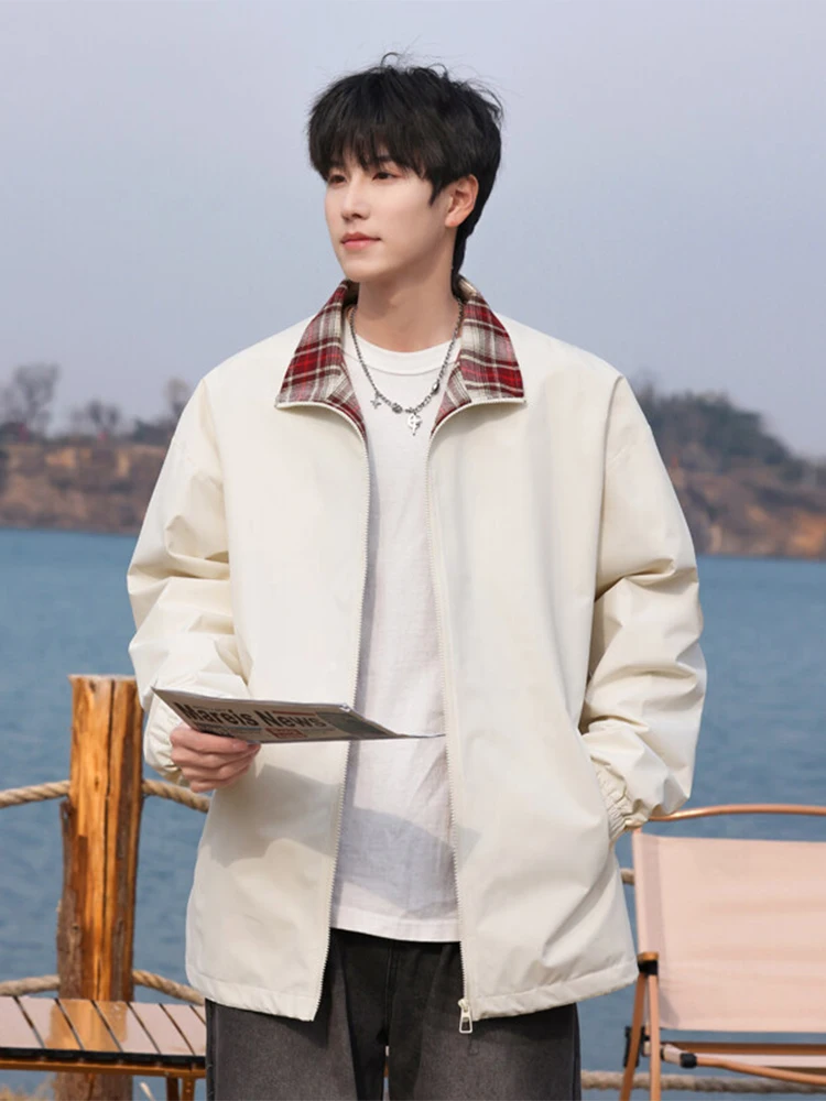 

Militaria Sle Plaid Stand Collar Jaet Men's Casual Baseball orm Spring Season Long Sve Zipper Closure Outerwear