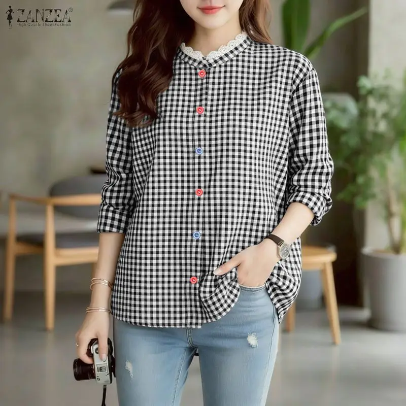 

Модные женские рубашки ZANZEA, летние и весенние, с длинным рукавом, кружевные, в клетку, с лоскутными вставками, офисные блузки, рубашки оверсайз, для вечеринок, уличная мода