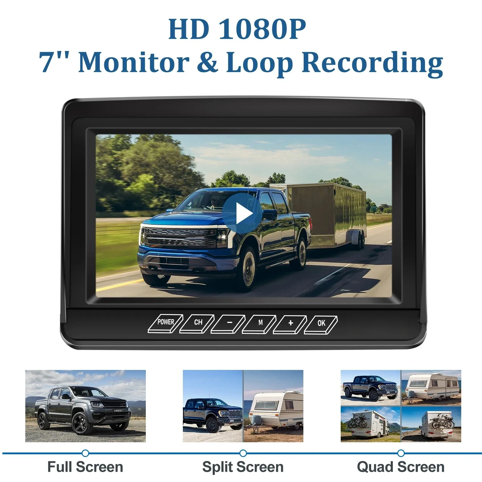 7 Inch IPS Screen Wireless Solar Powered Backup Camera 1080P IR Night Vision DVR Loop Recording Magnetic Mount Rear View System