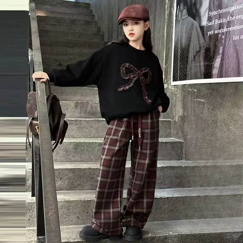 

Детская одежда, наряд для девочек, корейская одежда 2025 года, комплект из двух топов и брюк, комплект из 2 предметов, толстовка на флисовой подкладке, осенне-зимняя одежда