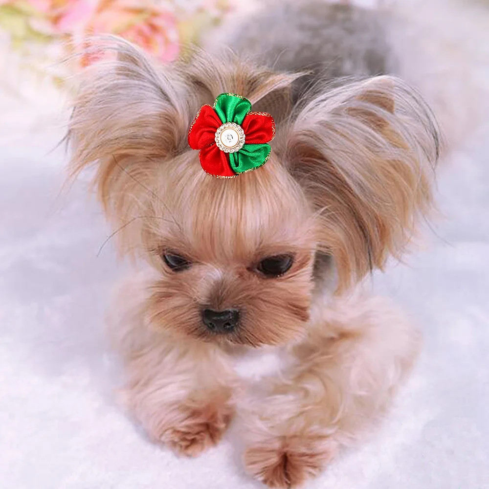 10pcs/lot Christmas Dog Bows Cute Puppy Cat Hair Clips Bowknot Flower Rubber Band For Small Dogs Party Pet Grooming Accessories