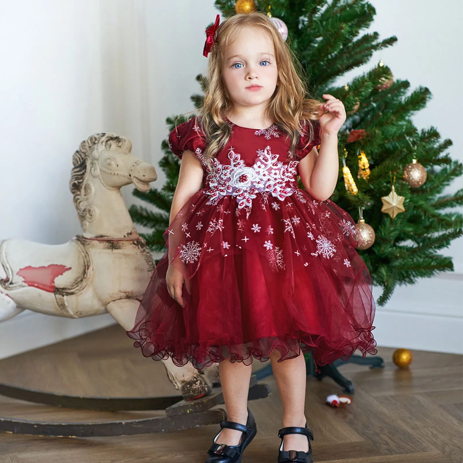 

Christmas Baby Girls Princess Party Dresses Flower Lace Red Christmas Dress for Kids Cute Birthday Evening Gown New Year Costume