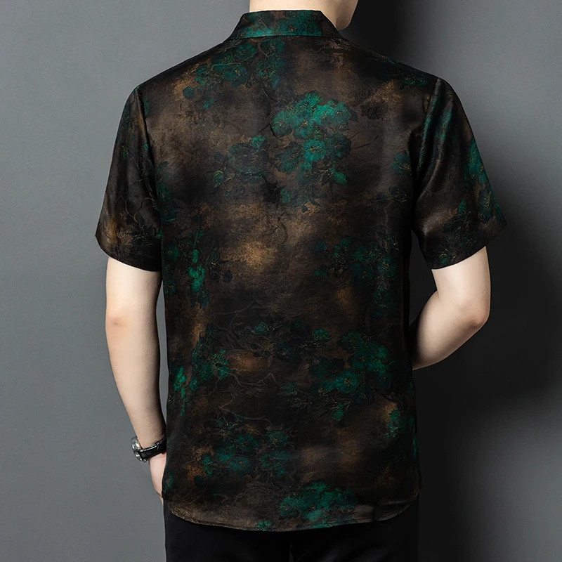 Extremely Luxurious 100%Silk Shirts For Men Short Sleeve Floral Summer Quality Coolness Gambiered Canton Gauze Camisas De Hombre
