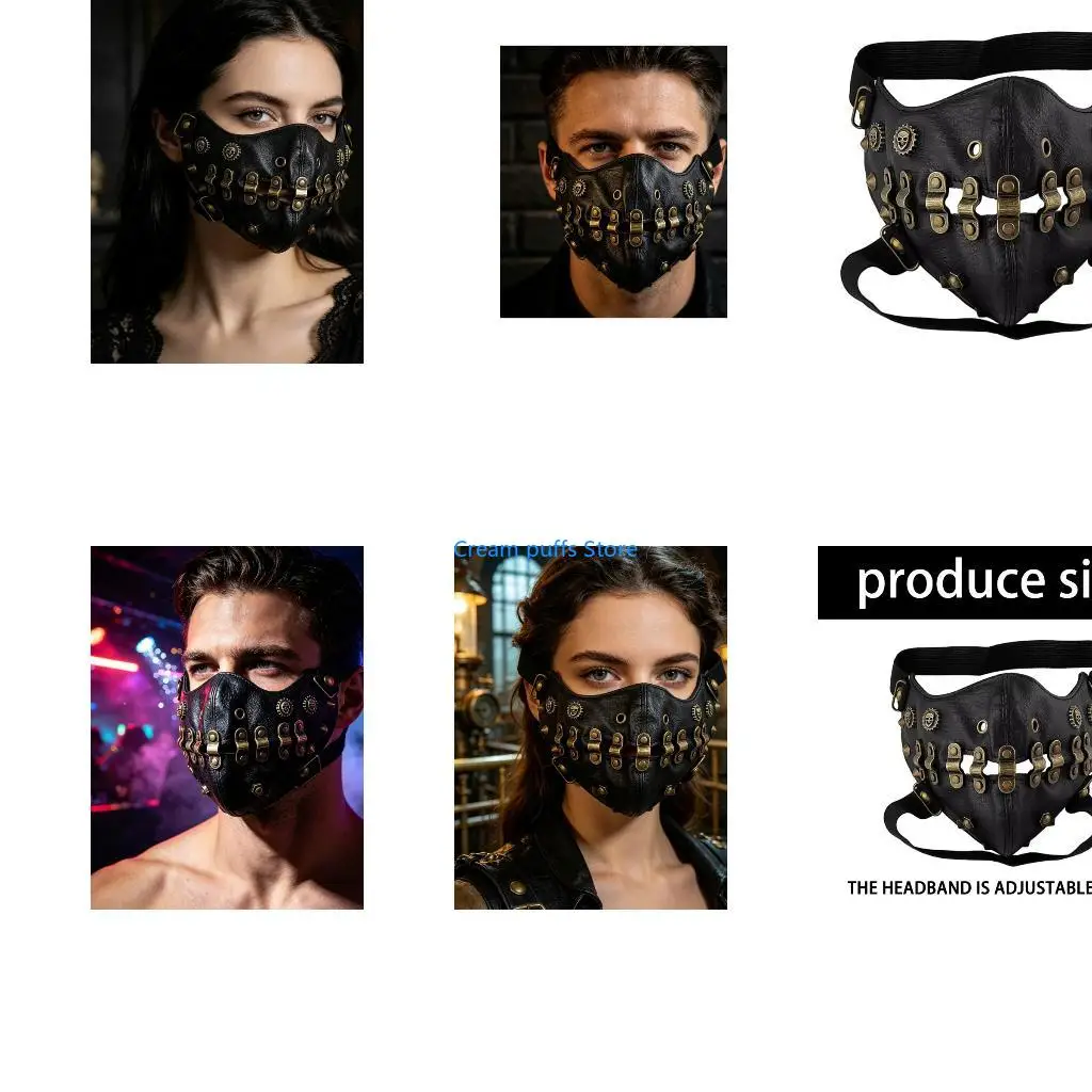 50LE Gothic Costume Face Cover Accessory with Elastic Strap Fit, Black Industrial Mask with Chain and Gear Accents for Cosplay