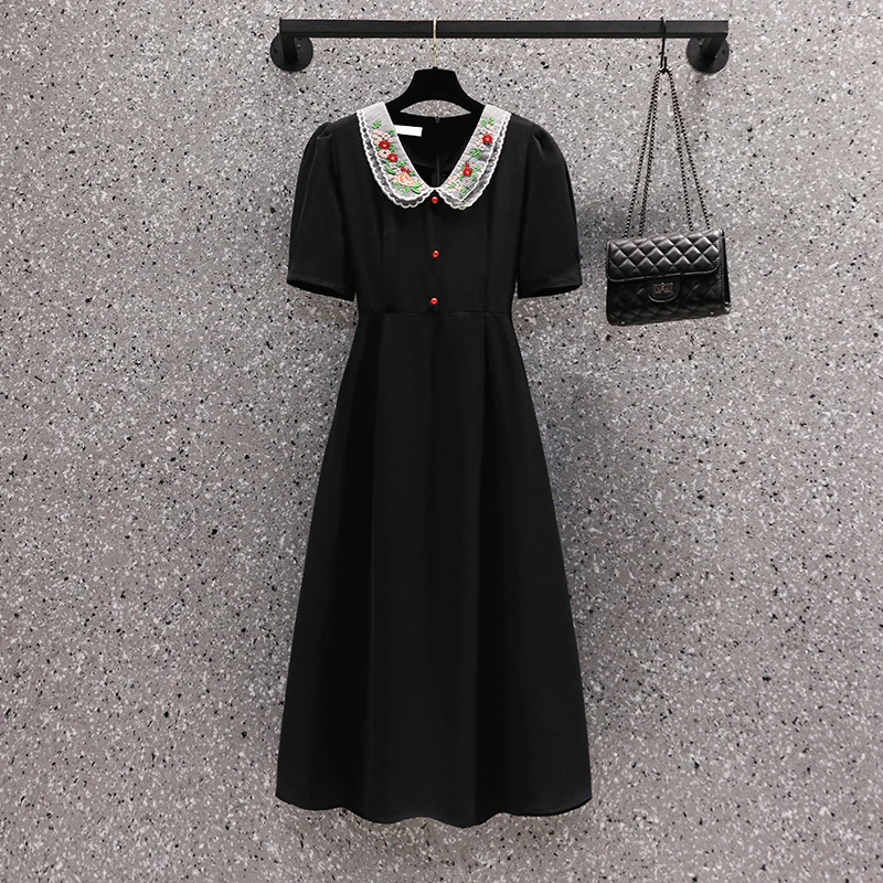 2024 Black Patchowrk Embroidery Polo Collar Midi Dress Women Korean Vintage Hepburn Dress Summer Elegant Bodycon Casual Dresses