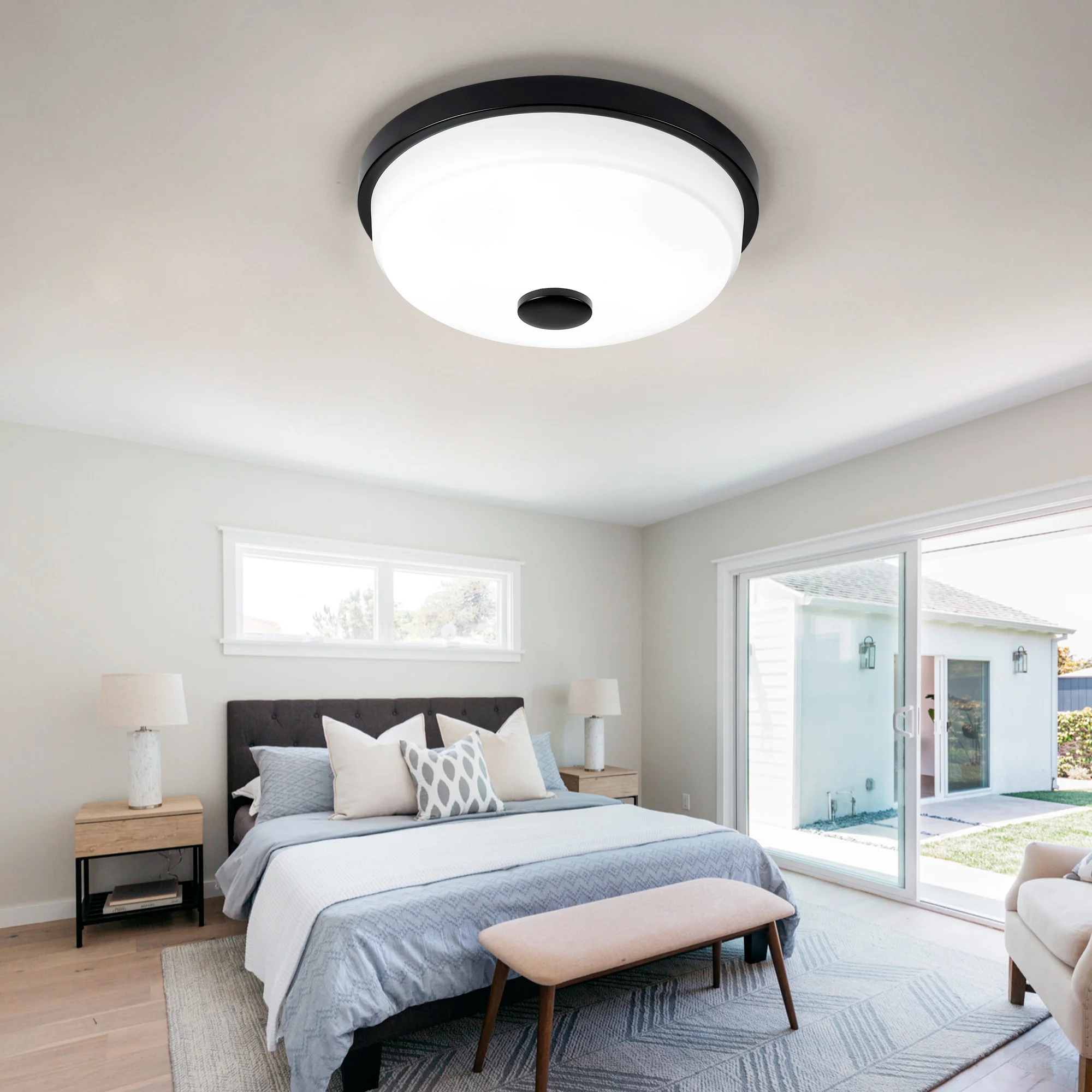 [US Stock] 2 Pack 10.83 Inch LED Flush Mount Ceiling Light Black 15W Dimmable Remote Metal Glass CRI90 Hallway Kitchen Bedroom