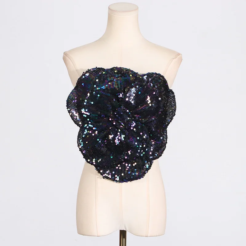 Sexy Sequin Women Top Bra Elegant 3D Flower Patchwork Design Summer Formal Shiny Bling Short Strapless Coat