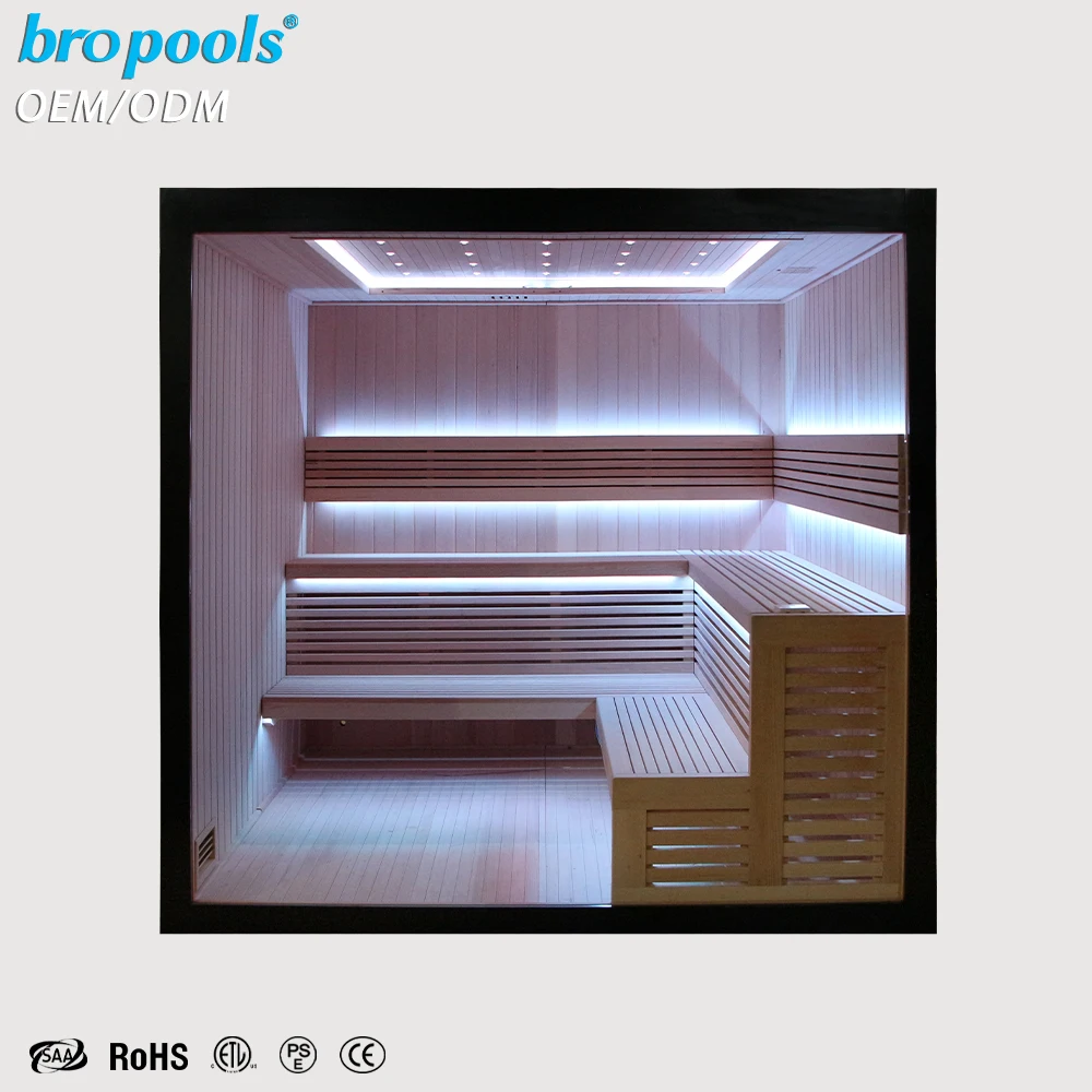 Luxury Modern Far Infrared Sauna Room 4-6 Person Low EMF Full Spectrum Red Light Therapy Hemlock Wood Control Panel Bropool