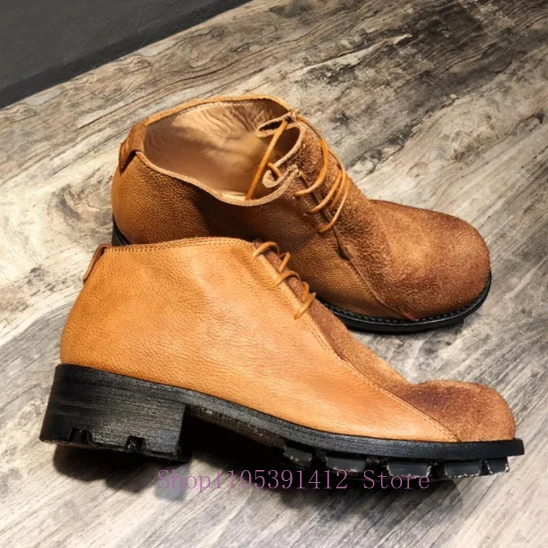 Handmade Goodyear British Ankle Boots Thick Sole Genuine Leather Big Round Toe Lace-up Men Wear-resistant Vintage Work Boots