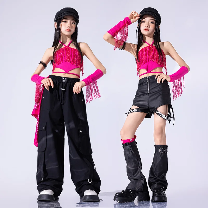 Kpop Rose Red Fringed Tops Black Pants Girls Jazz Dance Costume Cheerleading Hip Hop Performance Clothes Stage Wear