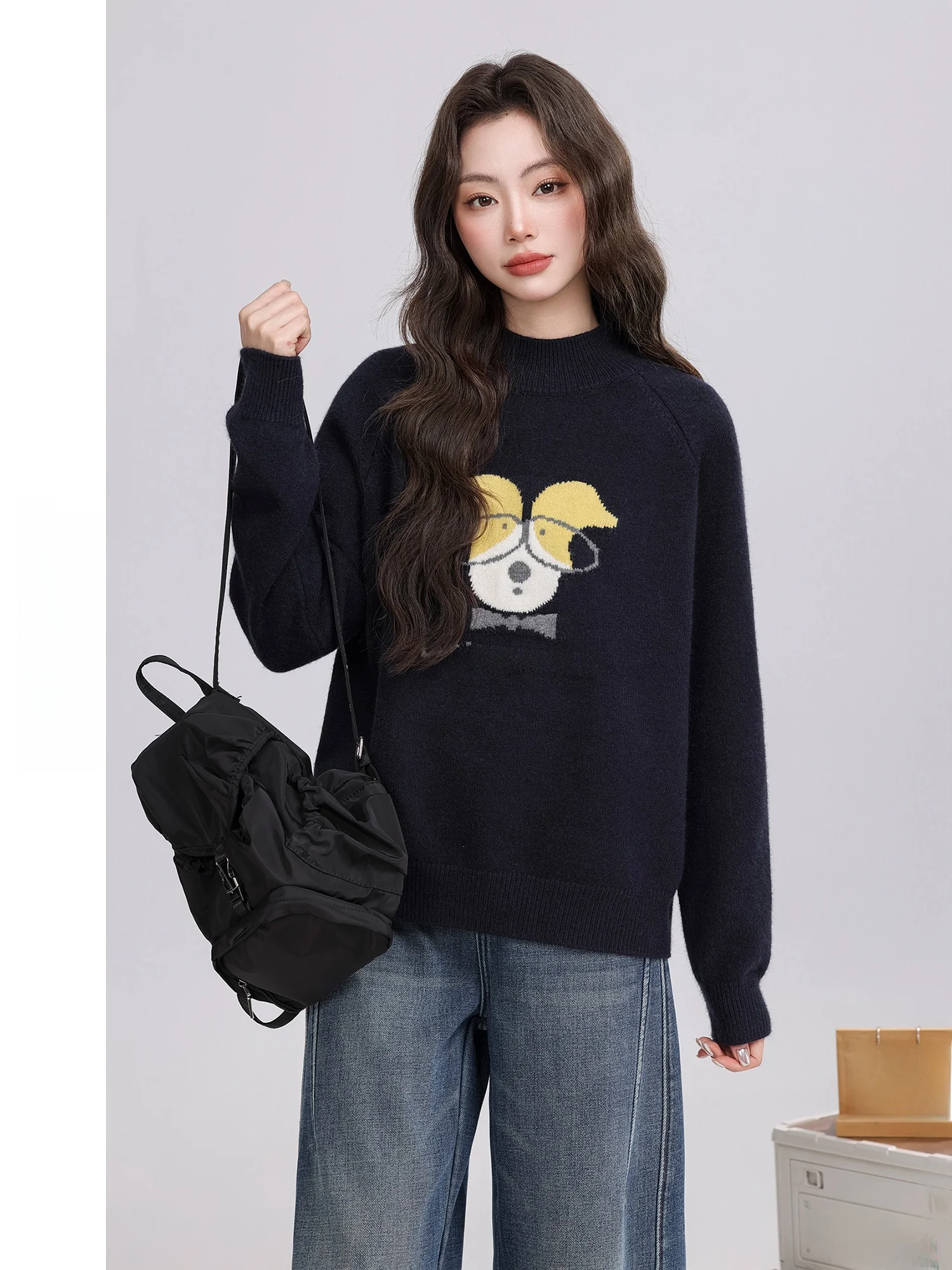 

Retro Loose Fit Blue Sweater for Women Winter Faionable Dog Pattern f High Collar Long Sve Polyester Blend Knitwear