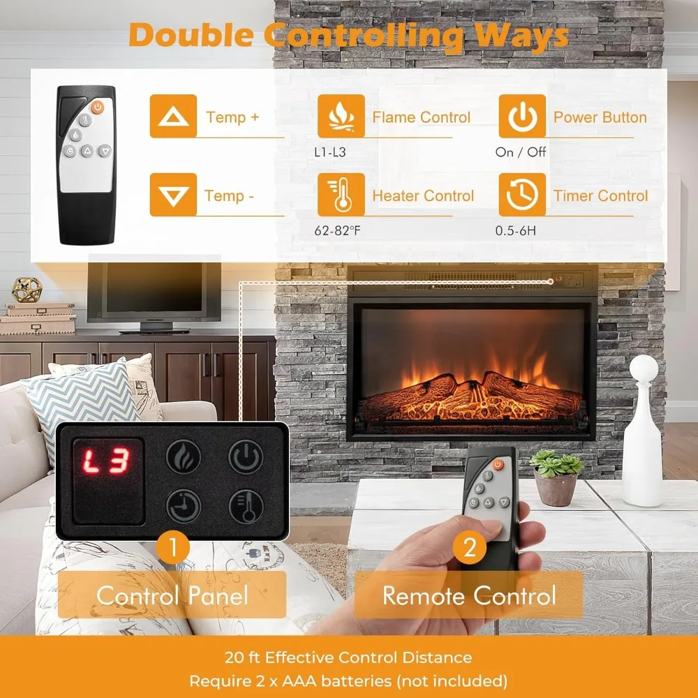 23 Recessed Electric Fireplace Heater with 3 LED Flames, Remote & 6H Timer, Indoor Use
