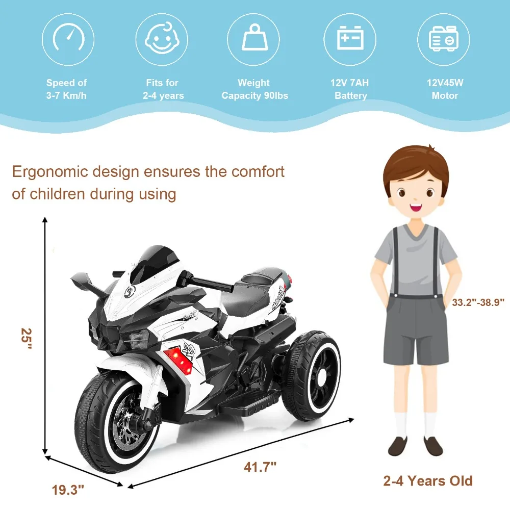 Whtie Motorcycle for Girls, 12V Powered Ride on Motorcycle for Kids 2-6, Child Electric Dirt Bike with 3 Wheels, Bluetooth Music