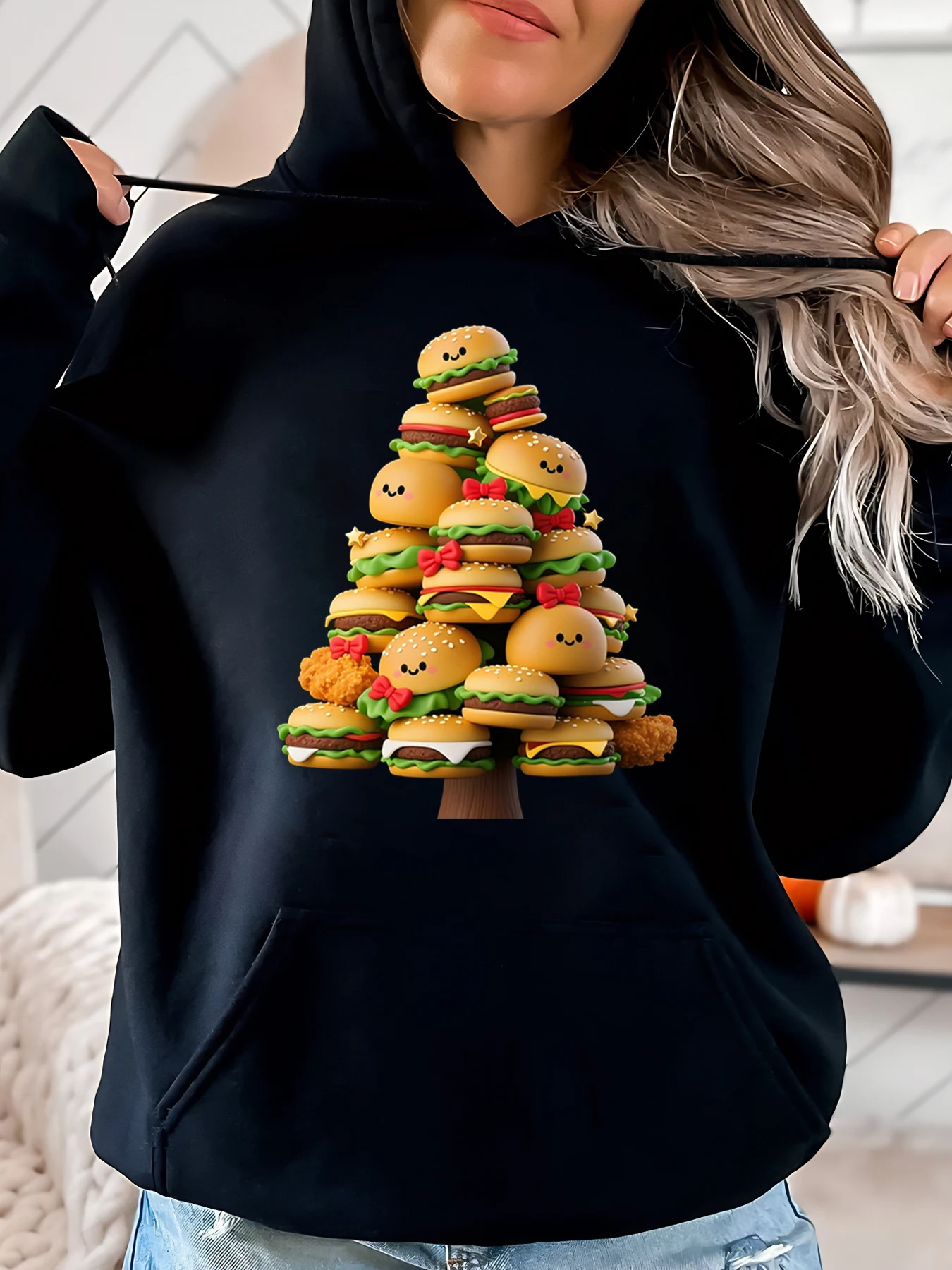 

Толстовка с принтом рождественской елки Burger, праздничная женская повседневная одежда, черная, больших размеров