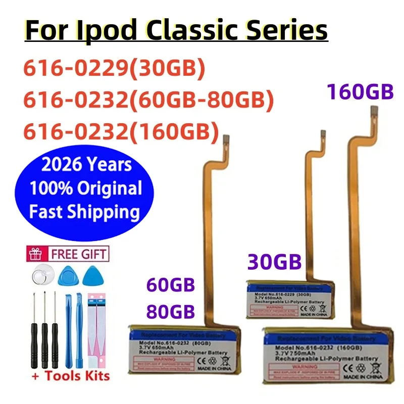 Batería de 650mAh A1036 A1136 para IPod Classic Gen 6th7th 80GB120GB delgada 160GB para IPod 5 5,5 Gen Video 30GB 616-0229 envío rápido