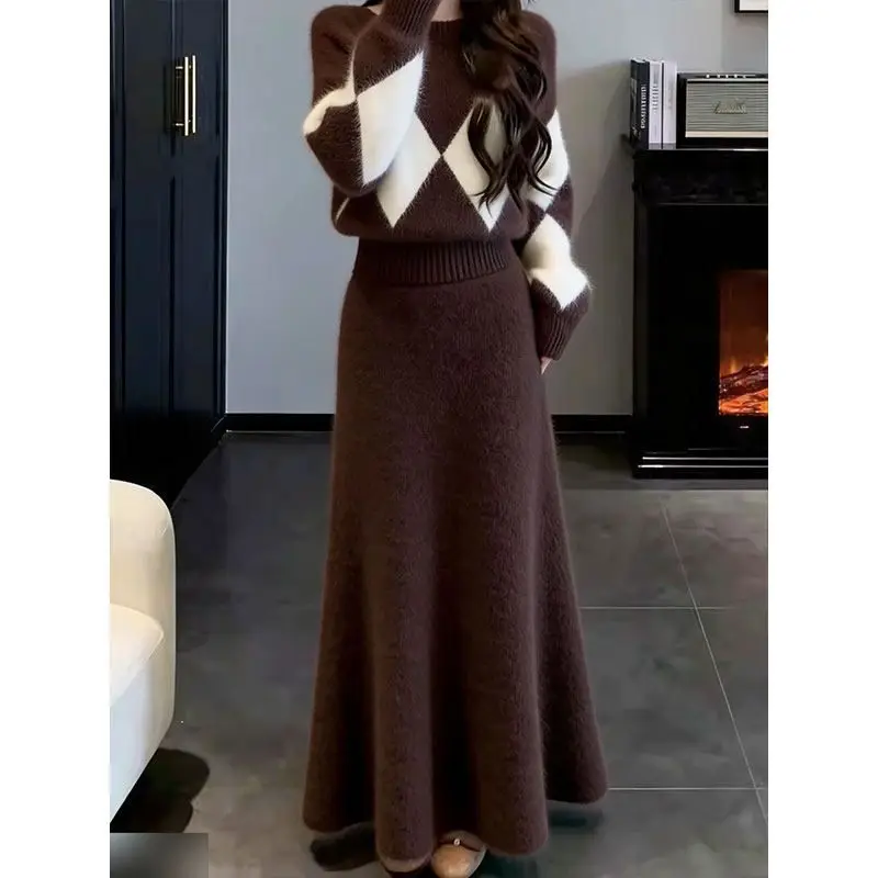 New French Jacquard Knitted Women's Two Piece Set Vintage Autumn Winter O-neck Long Sleeve Pullover Sweater + A-line Skirt Suit