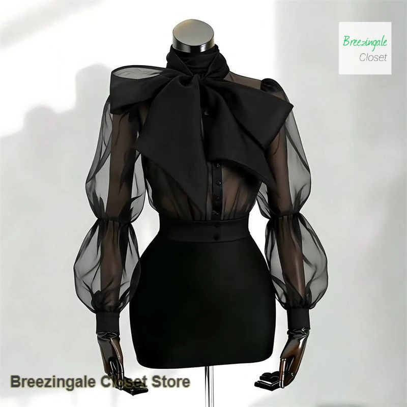 

French fashion design yarn dress bubble sleeve bow shirt women's spring and summer temperament high sense of light casual shirt