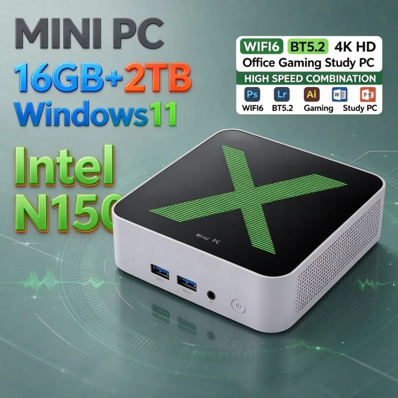 New Intel N150 Mini Desktop PC Windows 11 16GB RAM 1TB 2TB SSD WiFi6 BT5.2 4K Dual Display Mini Host For Office Study Gaming