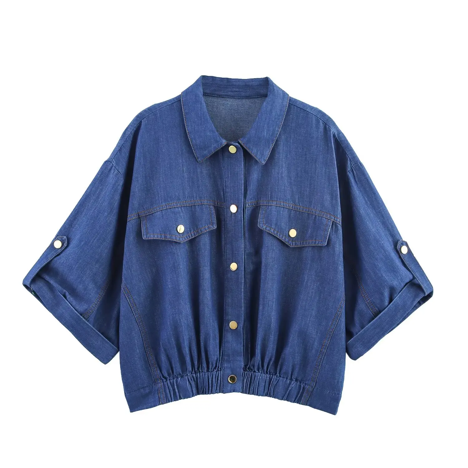 

Denim Crop Coat Jacket Coat Women 2025 New Summer Fashion Solid Flip Pocket Short Sleeves Single Breasted Loose Jackets Outwear