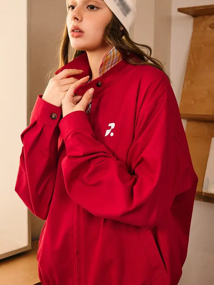 

Американский ретро Harington красный открытый кардиган с лацканами, джет, женский весенне-осенний свободный повседневный свитшот на молнии