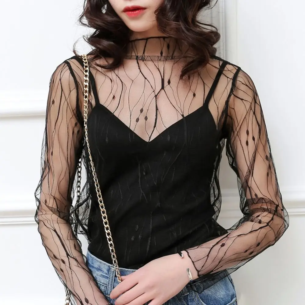 

New Black T-Shirt Tops Mesh See-through Mesh Sheer Long Sleeve Long Sleeve Ladies Tops