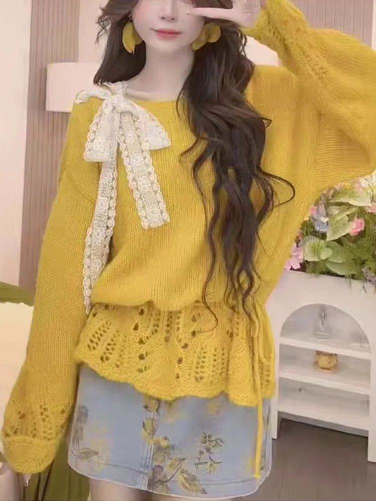 

Женский длинный вязаный свитер Све с вырезом и узлом Lazy Sle Faion, милый свободный крой, новинка осени и зимы