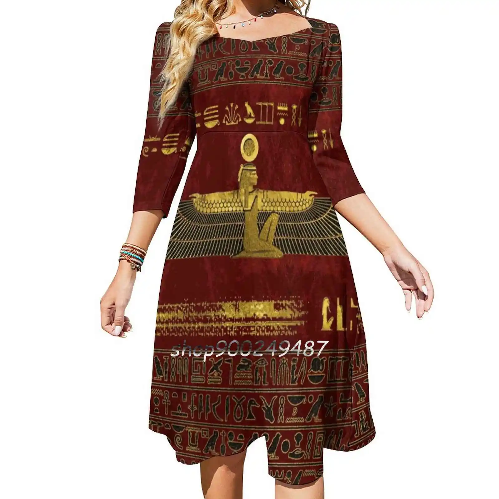 Golden Egyptian God Ornament On Red Leather Square Neck Dress Sweet Summer Dress Women Elegant Halter Print Dress Egypt