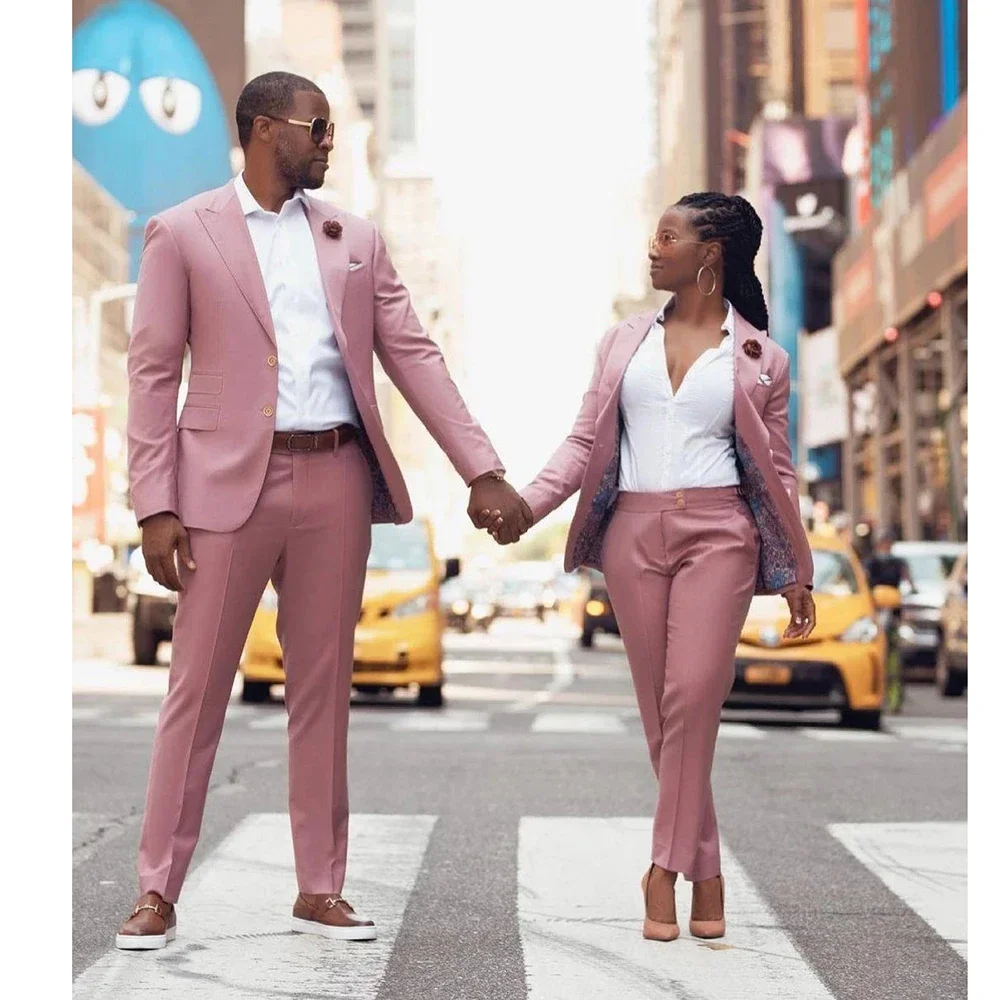 Formal Couple Suits for Men and Women Pink 2 Piece Jacket Pants Slim Fit Chic Blazer Trousers Smart Casual Business Office Set