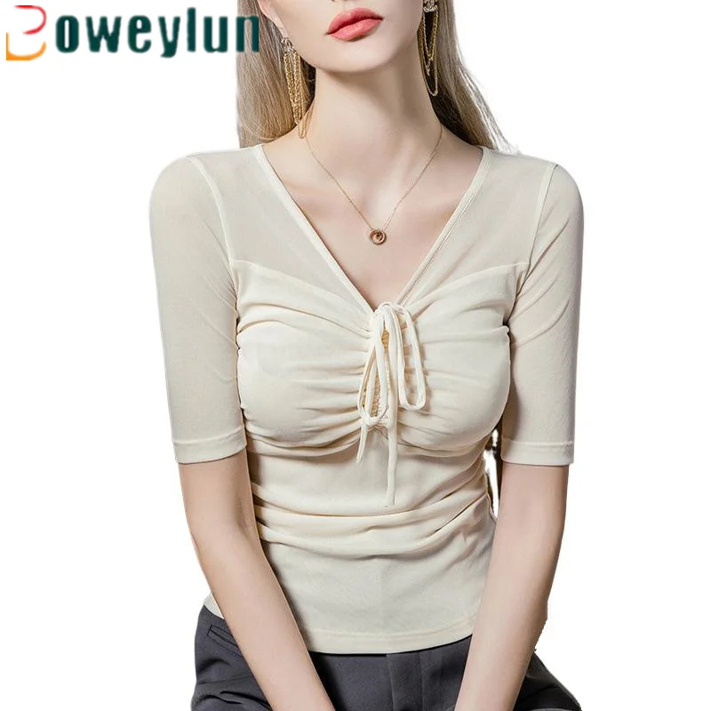 

Boweylun Bow Tie V-Neck Mesh Bottom Shirt Women's Five Sleeve Comfortable and Skin-friendly Half Sleeve T-Shirt Tops