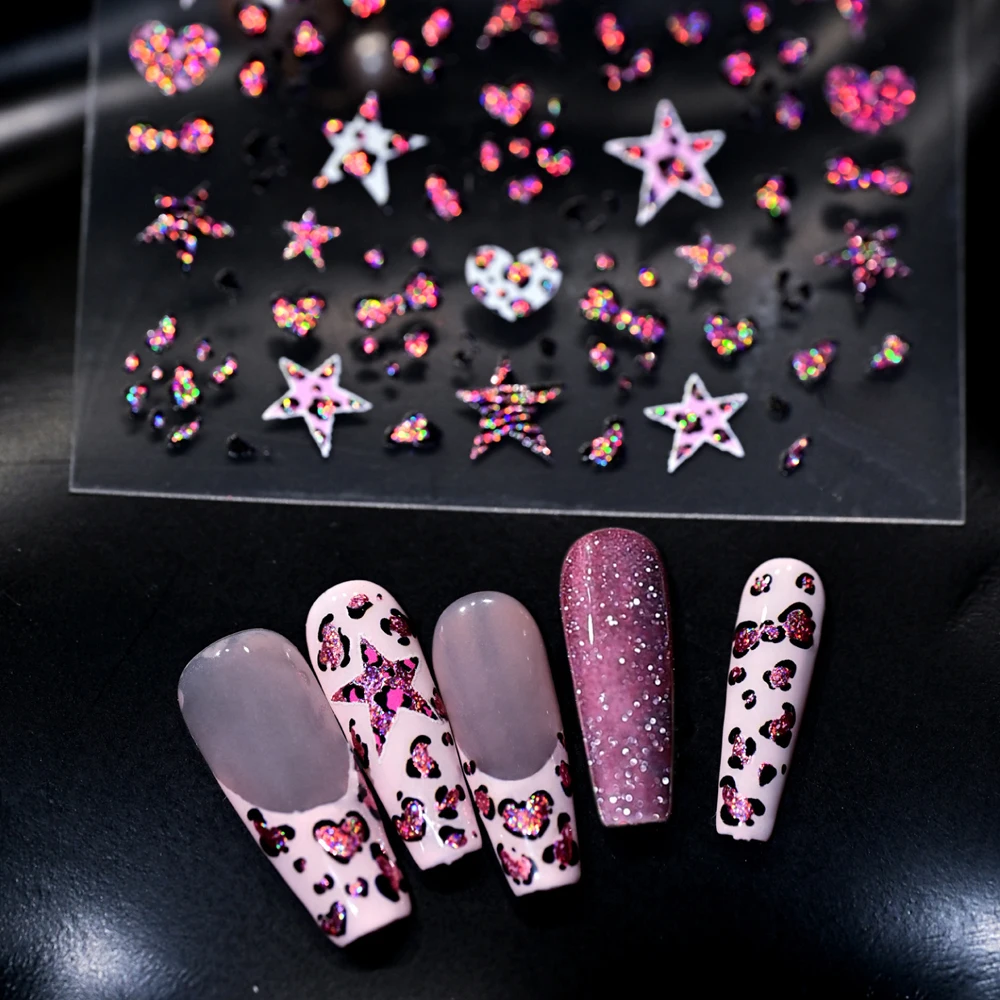 1pc 5D Stampa Leopardo Stampaggio A Caldo Adesivi Per Unghie Y2K Cuore Pentagramma Con Glitter Design Decalcomanie Per Unghie Autunno Punta Delle Dita Unghie Decorazione
