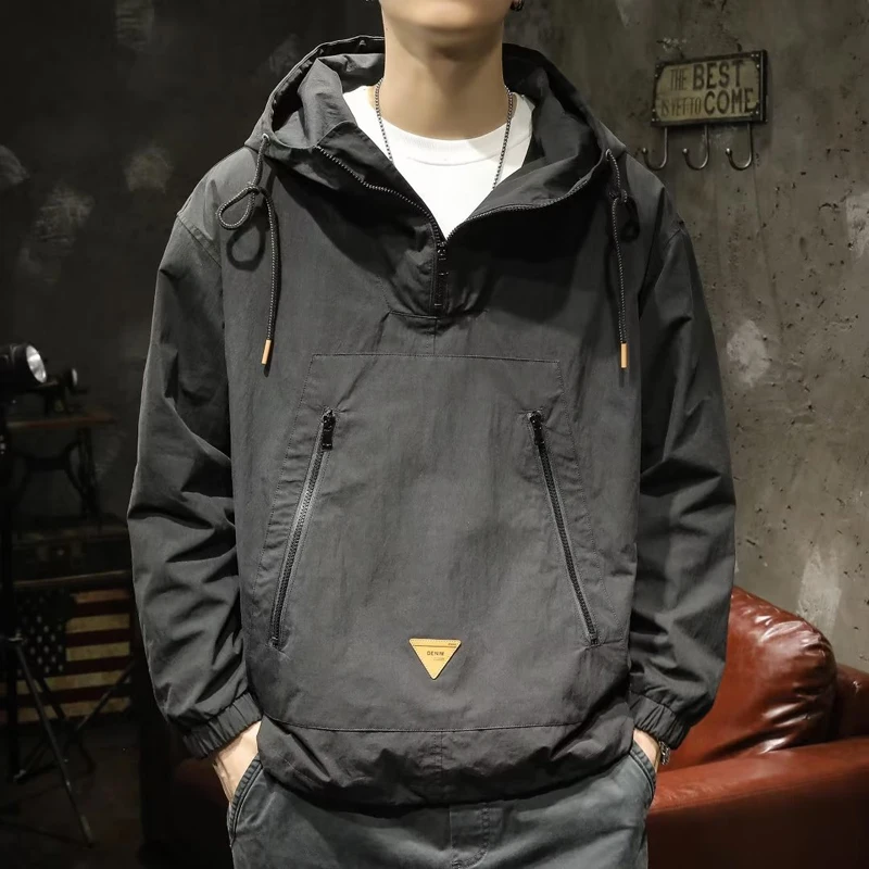 Chaquetas Anorak de primavera y otoño para hombre, chaquetas de moda con media cremallera, estilo urbano, hip hop, con capucha, holgadas, cortavientos, para trabajo.