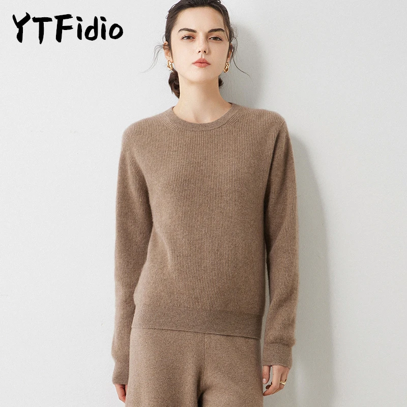 YTFidio 100% Cashmere Women O-neck Long Sleeve  Solid Knitwear Casual Pullover Tops Jumper Soft Warm Basic Girl Sweater 34