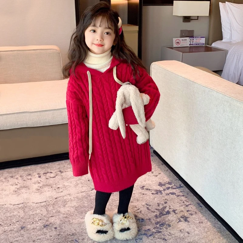 فستان سترة شتوي أحمر للأطفال مع بلوفر بقلنسوة من الدانتيل تريكو متوسط الطول حتى الركبة ملابس أطفال مريحة حرارية للفتيات