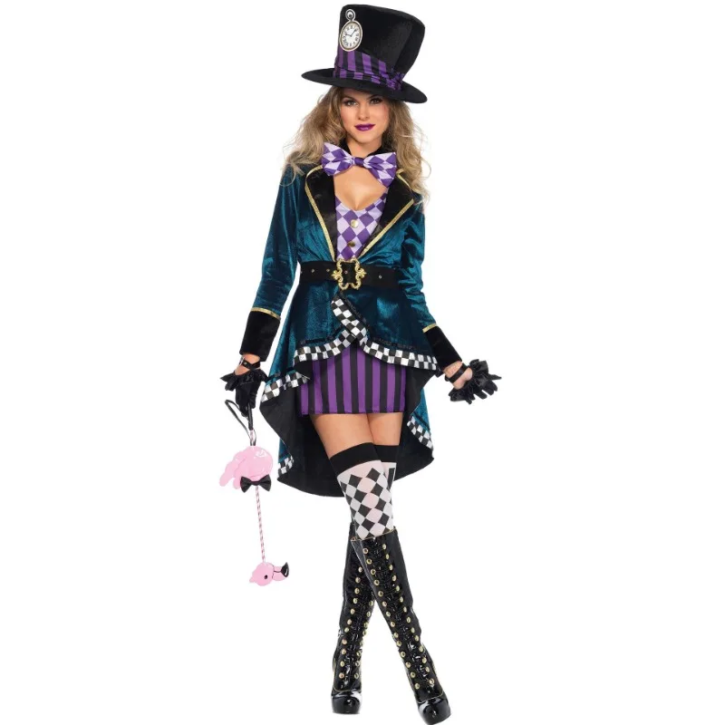 

Halloween Alice In Wonderland Clock Mad Hatter Cosplay Costume Sexy Adult Fairy Tale Dress Women Magic Show Tuxedo Fancy Dress