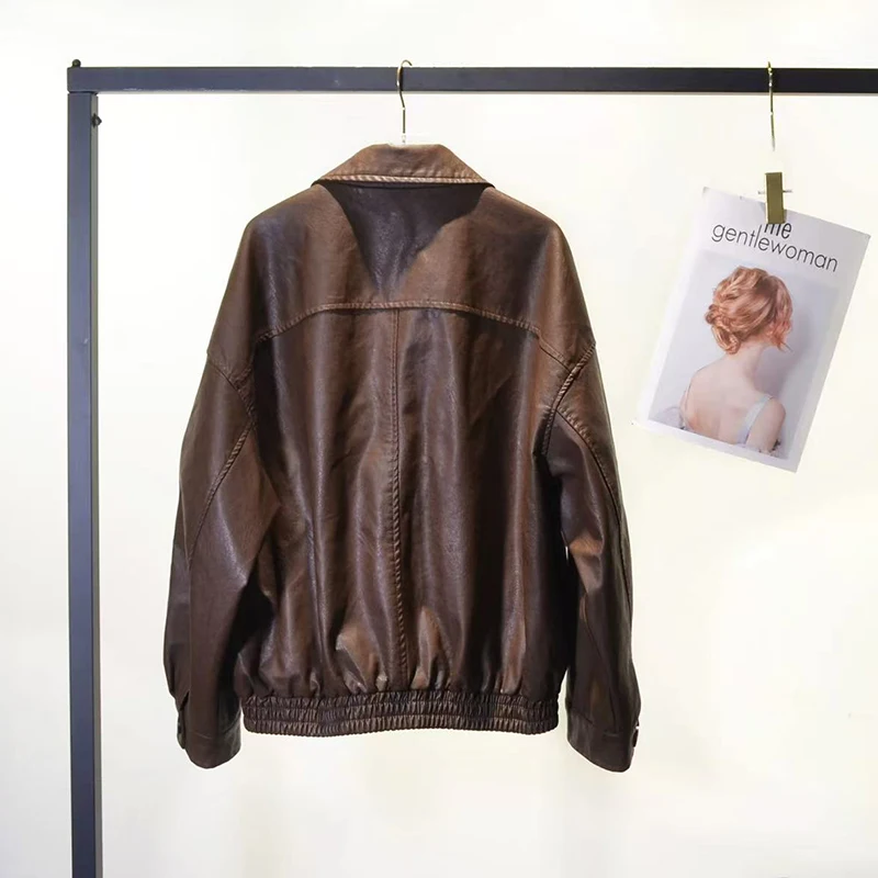 女性のシープスキンコート秋冬女性メイラードカラージッパーポケットルーズショートリアルレザーボンバージャケットジャッケンダム