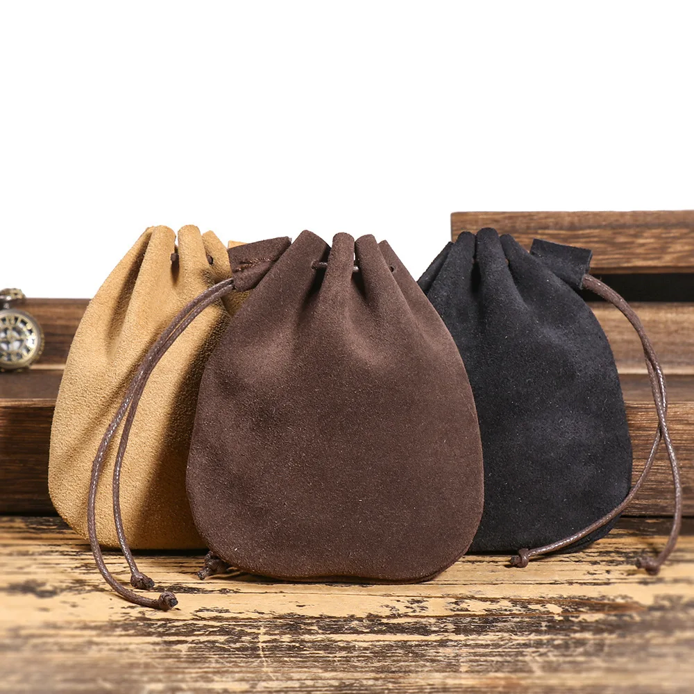 Vintage Full-Grain Leather Drawstring Coin Pouch - Multi-Functional Small Money Bag for Cash, Travel Essentials & Gift
