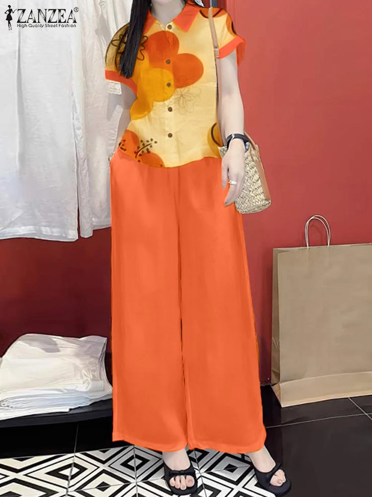 ZANZEA สั้น SeeveSets ผู้หญิงวินเทจพิมพ์เสื้อกางเกงขายาวชุด 2025 ฤดูร้อนชุดลําลอง Elegant OL ทํางานชุดการจับคู่
