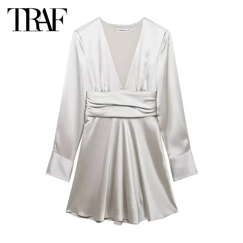 TRAF Pleated Mini Dresses Women's Short Dresses 2024 Summer Autumn Elegant Ladies Fashion Casual Long Sleeve Silver Black Dress