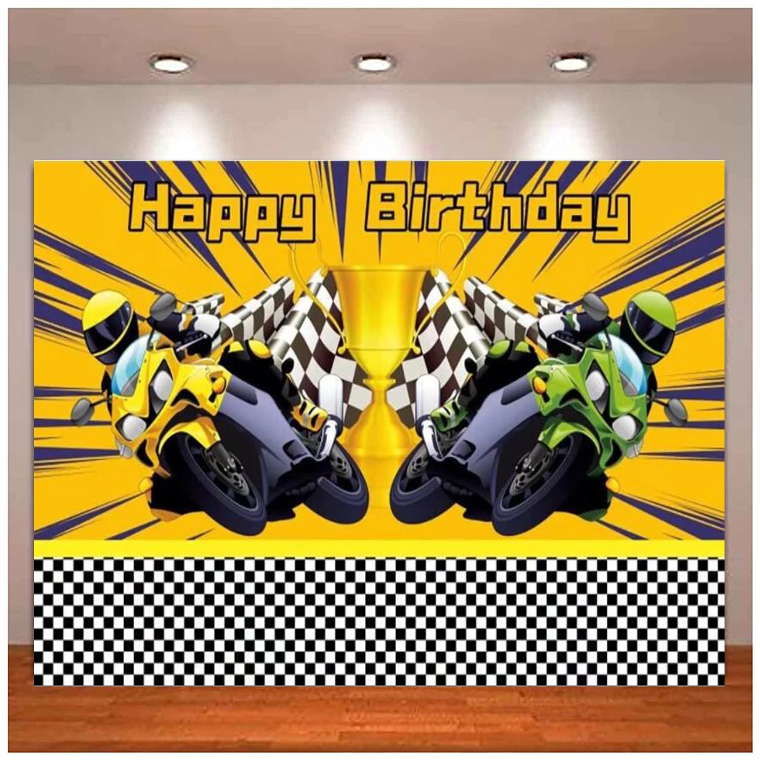 Happy Birthday Photography Backdrop Race Car Competition Racing Championship Trophy Yellow Background Boy Party Decor Banner