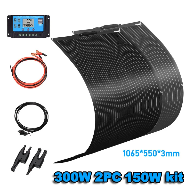150W 300W Flexibles Solarpanel-Kit, Batterieladegerät, Photovoltaikpanel mit Controller, für Camping, Boot, Wohnmobil, Haus, Garten, Batterie