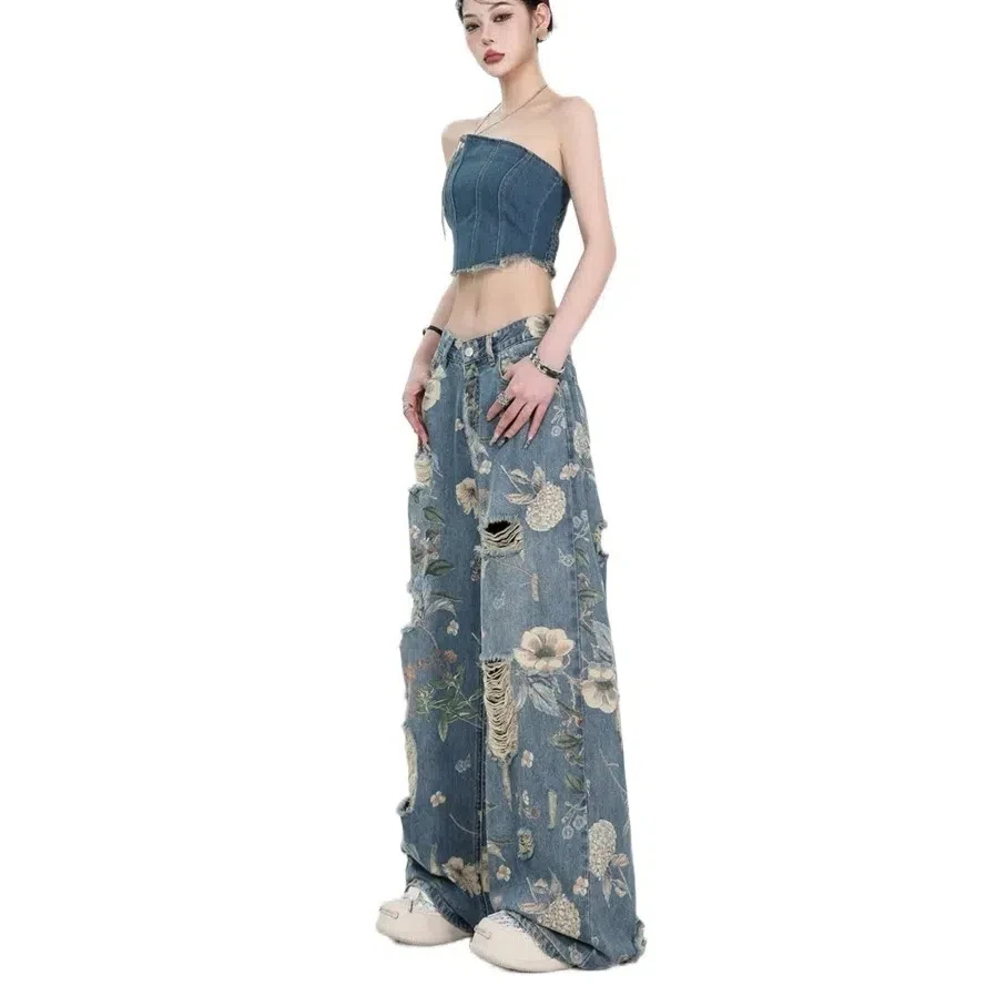 Harajuku Floral Jeans Women Y2K Ripped Baggy Straight Denim Trousers Streetwear Loose Broken Hollow Pants Spring Autumn