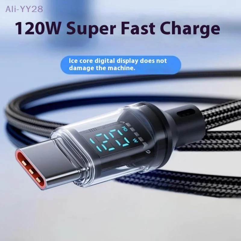 {MX} كابل شحن سريع للغاية بقدرة 120 وات من النوع C إلى النوع C مع شاشة LED وسلك بيانات USB إلى النوع C للهاتف المحمول