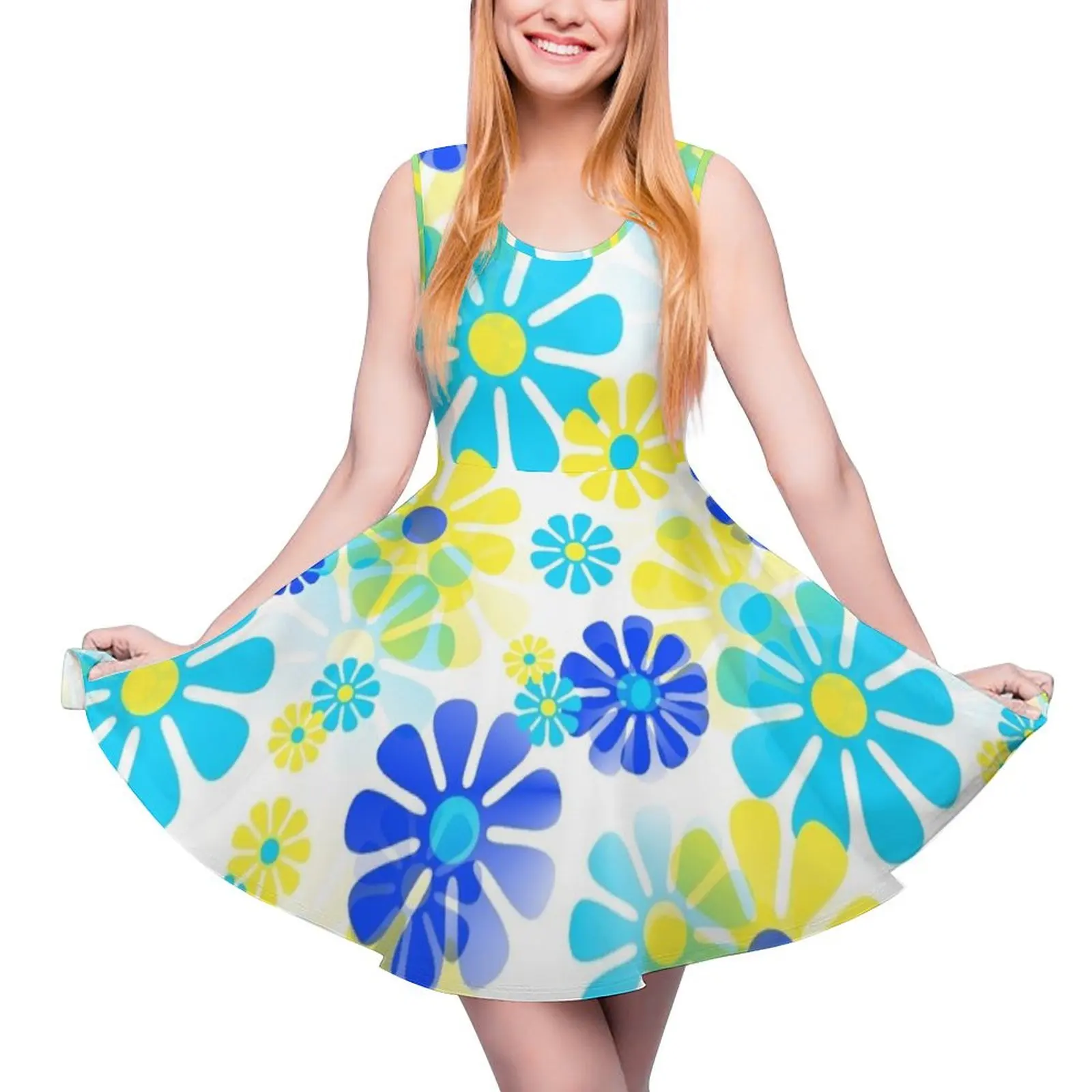 

60"s Retro Groovy Mod Flowers in Yellow, Aqua and Blue Sleeveless Dress Dance dresses party dresses women