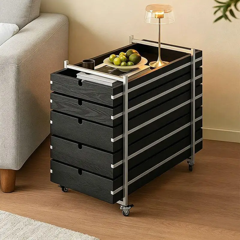 Medieval style edge few stainless steel black solid wood light luxury high-grade movable home sofa trolley side cabinet