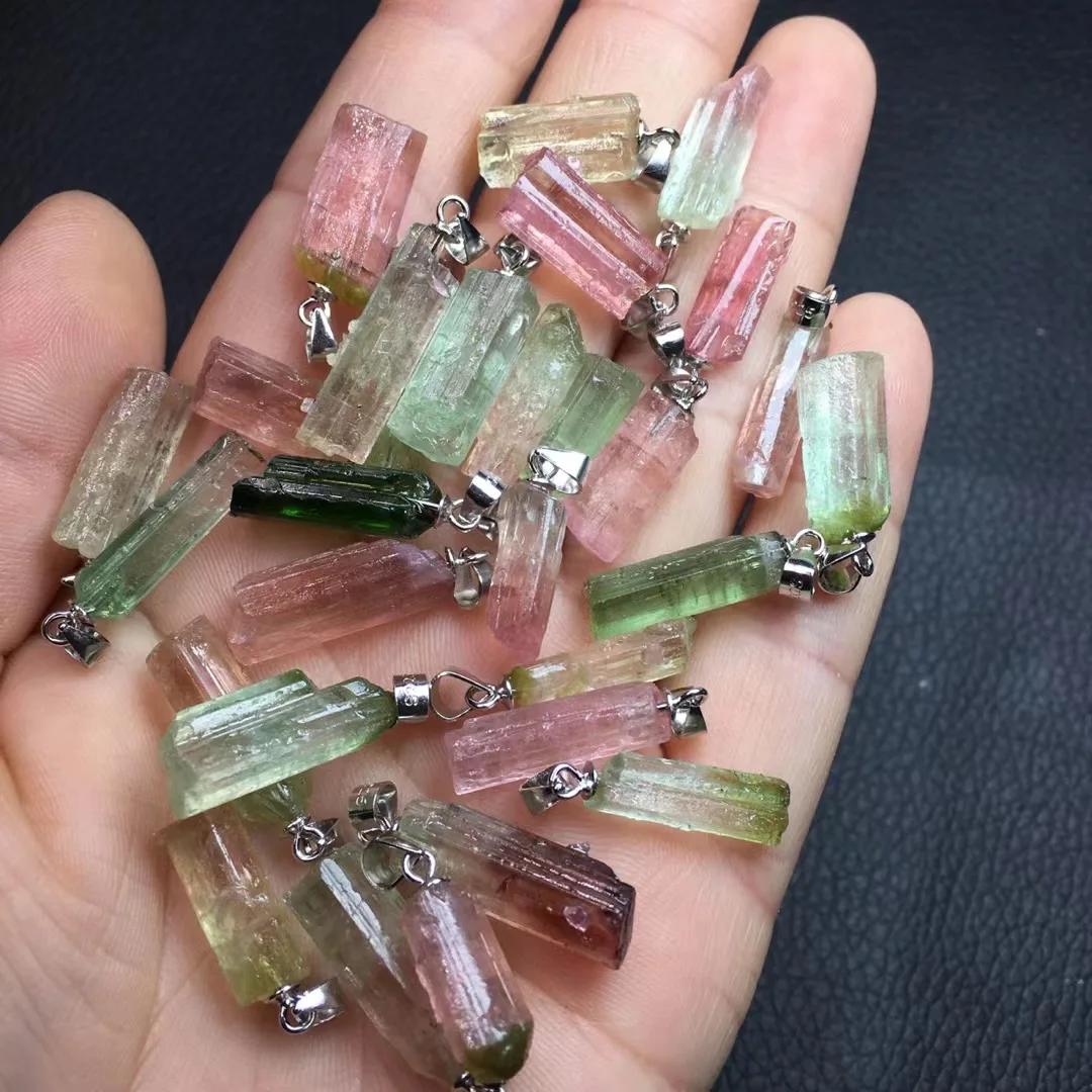 1Pc Fengbaowu Natural Colorful Transparent Raw Tourmaline Pendant 925 Sterling Silver Crystal Healing Stone Fashion Jewelry Gift