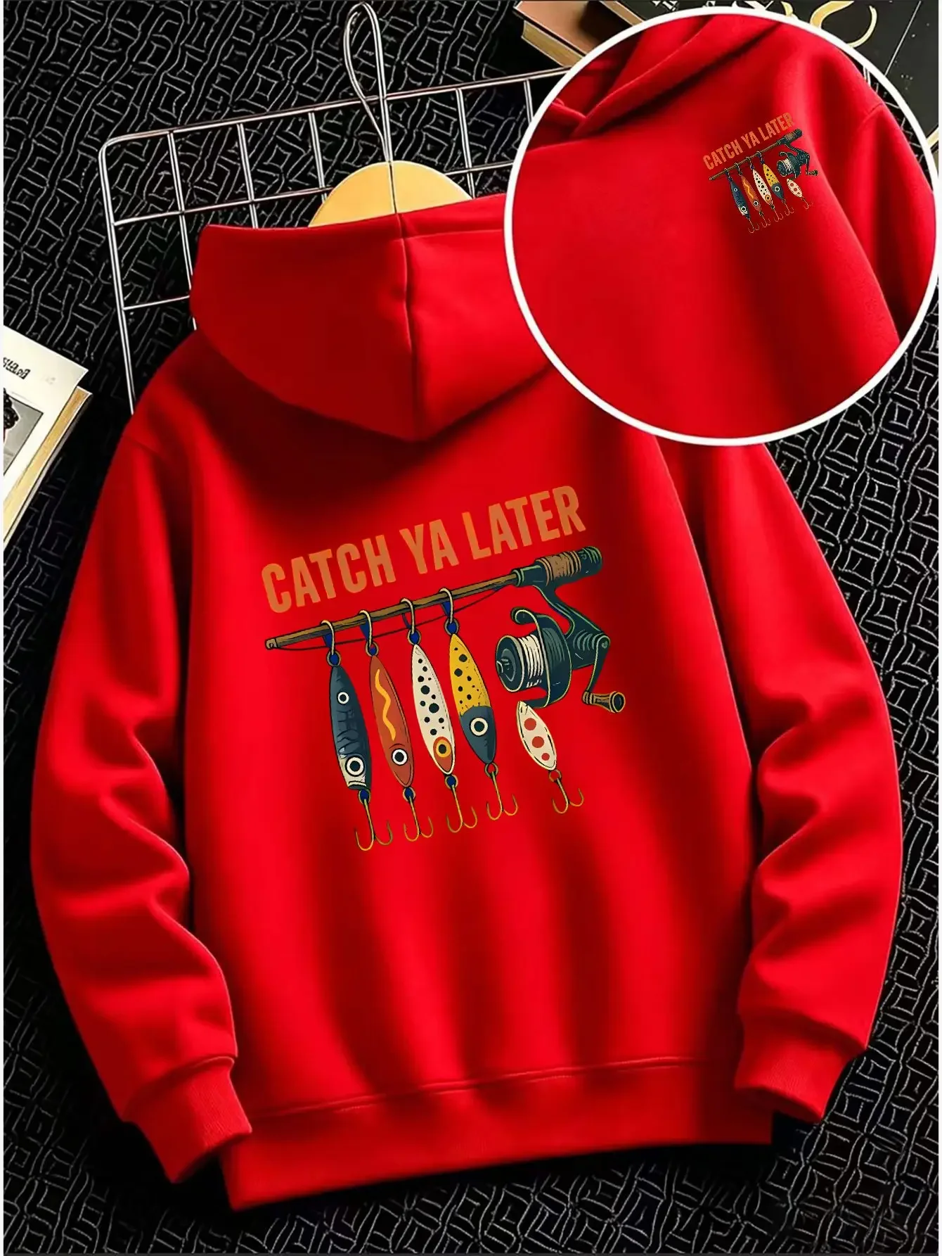 Fishing-Themed Vintage Distressed T-Shirt Casual Hooded Sweatshirt with Front and Back Print Design Featuring Lure